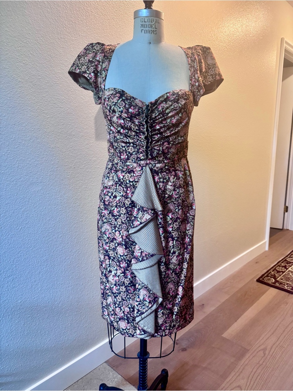 ZAC Zac Posen Brown Floral Sweetheart Midi Dress with Pink orange Accents
